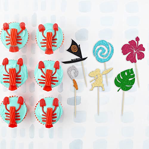 Ephlyn 24Pcs Mo Inspired Birthday Cupcake Toppers Glitter Palm Leaf Flower Moana Cupcake Picks Hawaiian Birthday Party Decoration for Tropical Luau Summer Party Baby Shower Wedding - Image 3