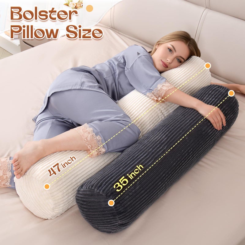 1 MIDDLE ONE Body Pillow for Adults, Long Bolster Pillow for Bed, Decorative Round Roll Hug Pillow with Corduroy Cover (Off-White, 47x7.87 inch) - Image 2