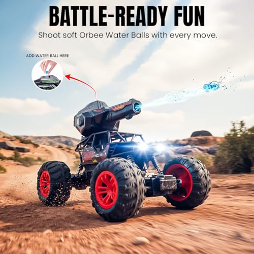 FormulaFun Nitro Blaster 1:18 RC Car, Water Ball Firing, LED Lights, 2.4GHz Gun Remote, Rugged Tyres & Shock Suspension, Type-C Rechargeable Battery, All-Terrain RC Car for Kids 4+ Years - Red - Image 2