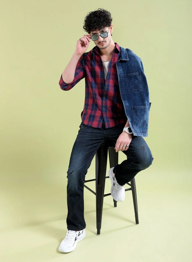The Indian Garage Co Men Regular Fit Checkered Full Sleeves Cutaway Collar Casual Shirt