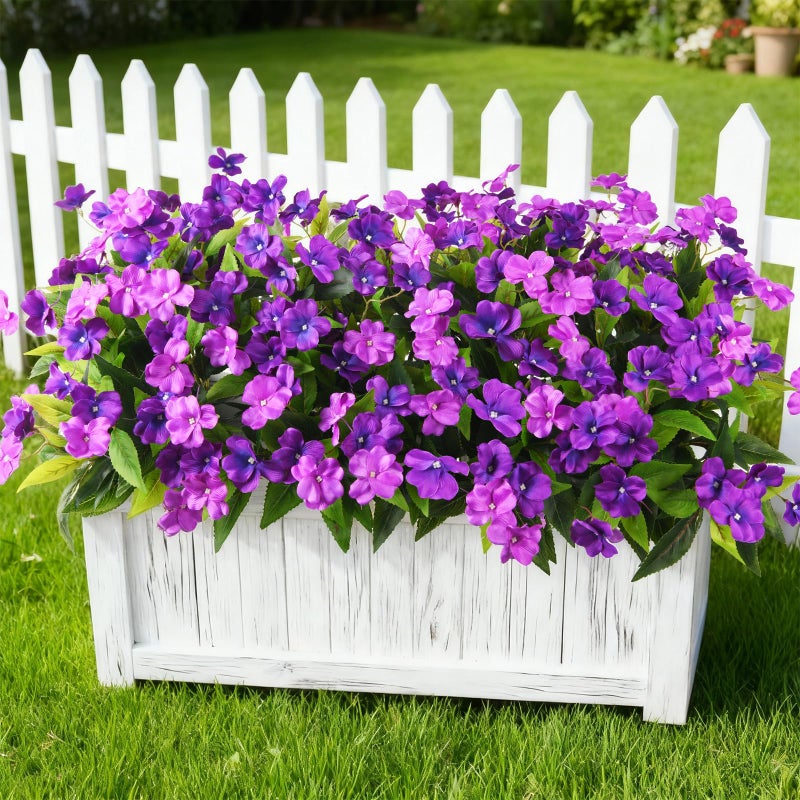ZFProcess Artificial Impatiens Flowers for Outdoors, 6 Bundles Silk Fake Flowers for Spring Summer Decoration, UV Resistant Faux Plants Plastic Bouquet for Home Planter Porch Patio Yard Decor(Double Purple) - Image 1
