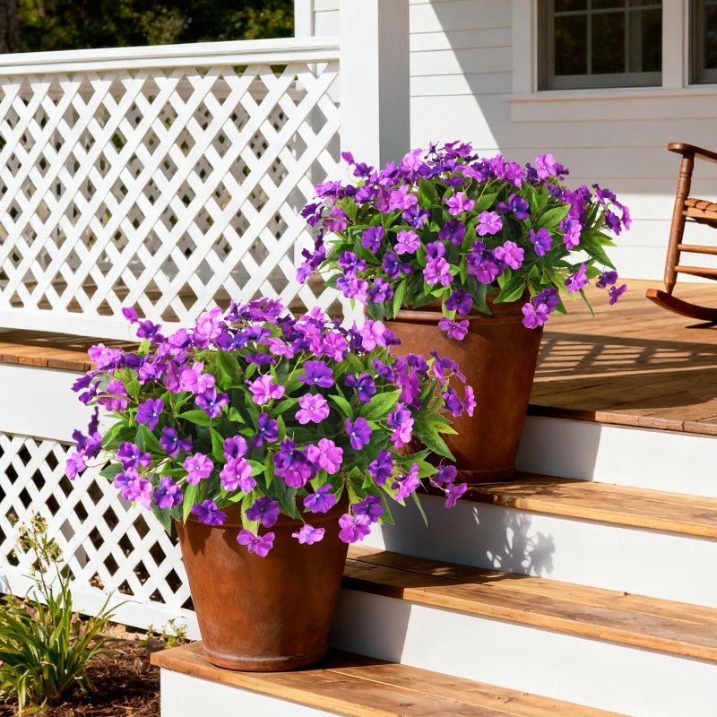 ZFProcess Artificial Impatiens Flowers for Outdoors, 6 Bundles Silk Fake Flowers for Spring Summer Decoration, UV Resistant Faux Plants Plastic Bouquet for Home Planter Porch Patio Yard Decor(Double Purple) - Image 2