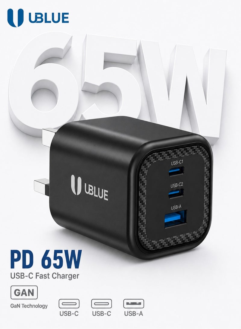 يوبلو شاحن جداري UBLUE بقوة 65 واط بتقنية GaN، ثلاثي المنافذ (منفذان USB-C + منفذ USB-A)، قابس بريطاني، تيار متردد 200-240 فولت، أسود، شحن سريع - Image 1