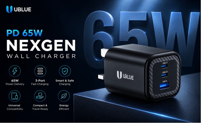 يوبلو شاحن جداري UBLUE بقوة 65 واط بتقنية GaN، ثلاثي المنافذ (منفذان USB-C + منفذ USB-A)، قابس بريطاني، تيار متردد 200-240 فولت، أسود، شحن سريع - Image 2