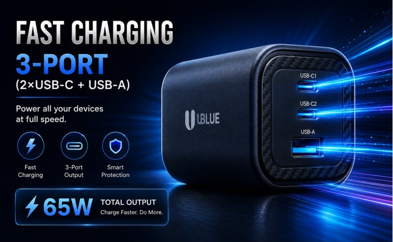 يوبلو شاحن جداري UBLUE بقوة 65 واط بتقنية GaN، ثلاثي المنافذ (منفذان USB-C + منفذ USB-A)، قابس بريطاني، تيار متردد 200-240 فولت، أسود، شحن سريع - Image 3