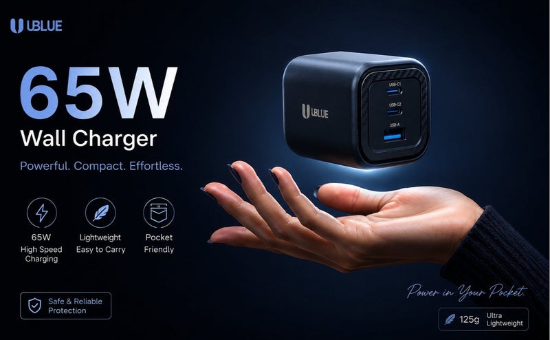 يوبلو شاحن جداري UBLUE بقوة 65 واط بتقنية GaN، ثلاثي المنافذ (منفذان USB-C + منفذ USB-A)، قابس بريطاني، تيار متردد 200-240 فولت، أسود، شحن سريع - Image 5