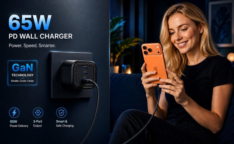 يوبلو شاحن جداري UBLUE بقوة 65 واط بتقنية GaN، ثلاثي المنافذ (منفذان USB-C + منفذ USB-A)، قابس بريطاني، تيار متردد 200-240 فولت، أسود، شحن سريع - Image 4