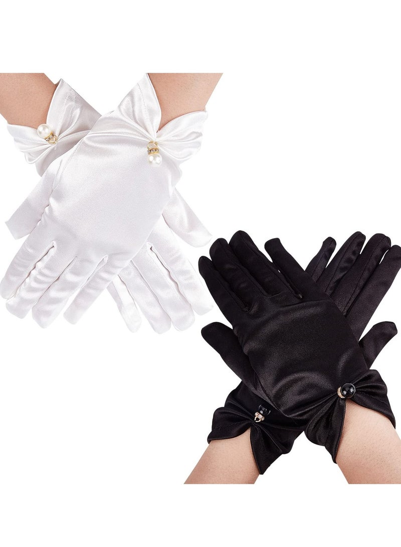 Y&D Women Short Satin Gloves, Wedding Bride Elegant Wrist Length 2Pcs Pearl Design Opera Gloves for Evening Party Prom Decoration Black and White - Image 1