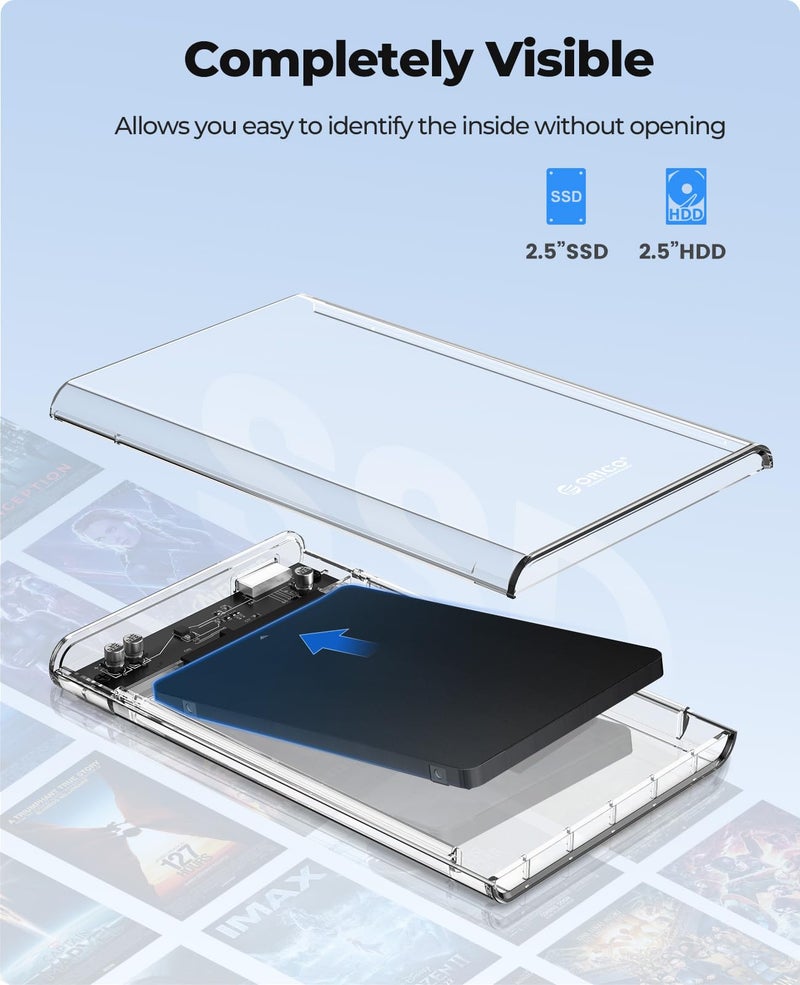ORICO 2.5'' External Hard Drive Enclosure USB 3.0 to SATA III Tool-Free Clear Hard Disk Case for 2.5 inch 7mm 9.5mm SATA HDD SSD Max 6TB Support UASP(2139U3) - Image 2