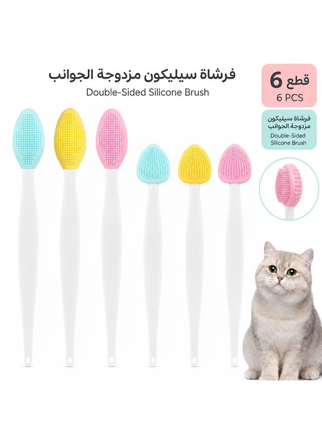 6 PCS Double-Sided Silicone Cat Grooming Brush Set, Soft Pet Chin & Face Cleaning Brush for Blackhead & Cat Acne Care, Gentle Exfoliating Massage Brush with Fine Bristles for Cats, Kittens, Puppies & Small Pets, Yellow, Pink & Green - Image 1