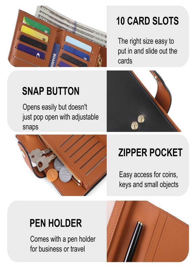 yiijay Womens Wallet RFID Blocking Vegan Leather Trifold Clutch Credit Card Holder Ladies Travel Wallet Purse with Pen Holder, 2Black&Brown, Rfid Wallet - Image 3