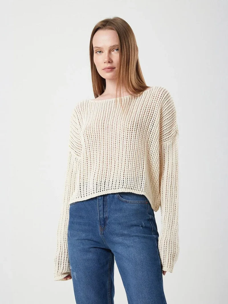 MixRay Mixray Openwork Boat Neck Crop Knit Top