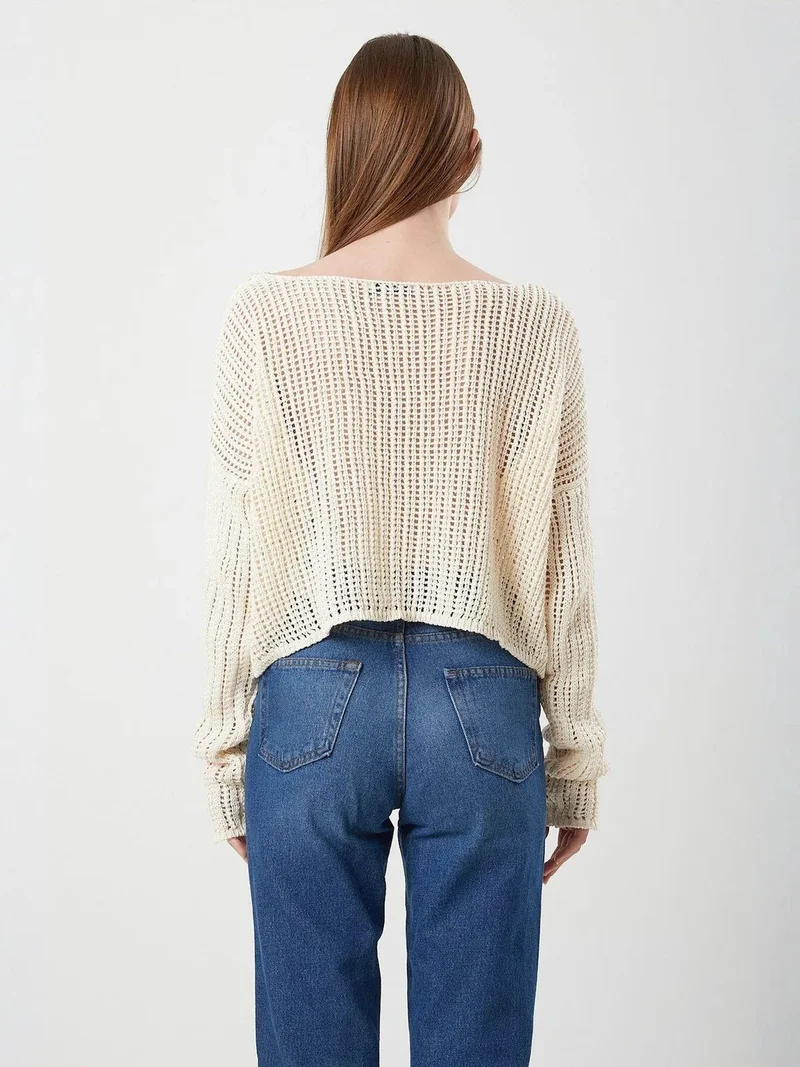 Mixray Natural Mixray Openwork Boat Neck Crop Knit Top for Women | Best Price UAE