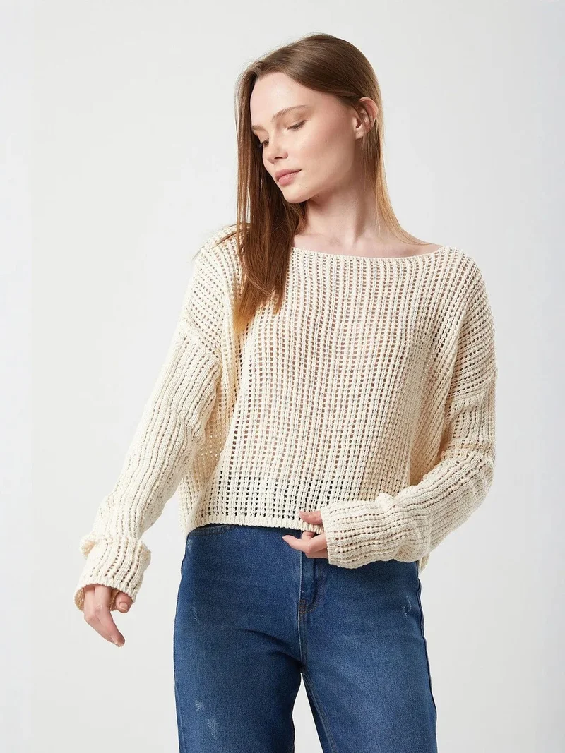 Mixray Natural Mixray Openwork Boat Neck Crop Knit Top for Women | Best Price UAE