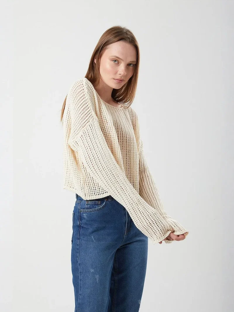 Mixray Natural Mixray Openwork Boat Neck Crop Knit Top for Women | Best Price UAE