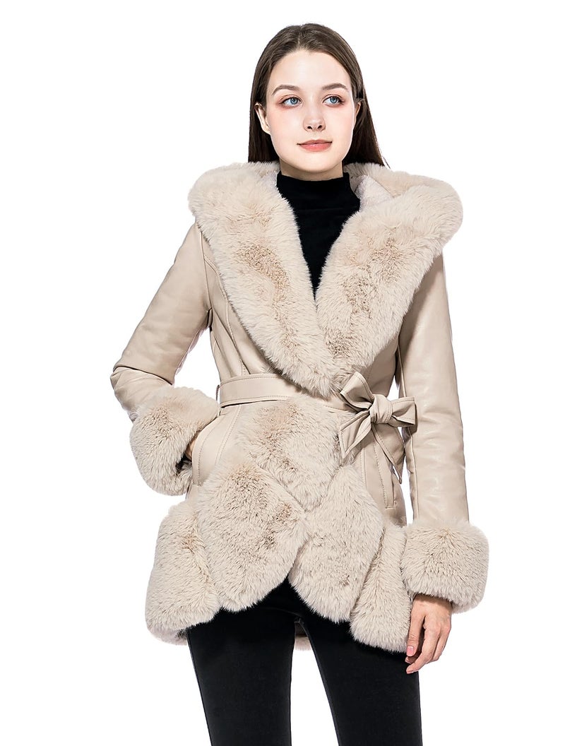 GRAN ORIENTE Womens Faux Leather Coat with Faux Fur CollarWinter Warm Belted Mid Length Trim Jacket Fur Lined with Hood 002 Apricot M