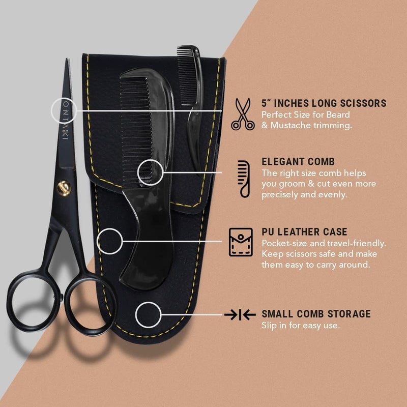 Ontaki 5" Professional German Beard & Mustache Scissors With 2 Comb & Carrying Pouch for Men Hand Forged Bevel Edge For Precision - Perfect Facial Hair Grooming Kit All Body Hair (Black) - Image 2
