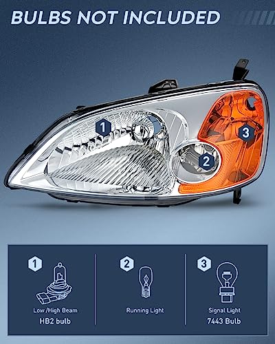 Nilight Headlight Assembly Compatible with 2001 2002 2003 Honda Civic Headlamps Replacement Chrome Housing Amber Reflector Upgraded Clear Lens Driver and Passenger Side - Image 2