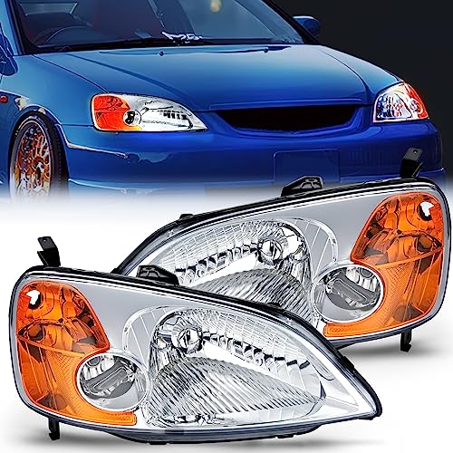 Nilight Headlight Assembly Compatible with 2001 2002 2003 Honda Civic Headlamps Replacement Chrome Housing Amber Reflector Upgraded Clear Lens Driver and Passenger Side - Image 1