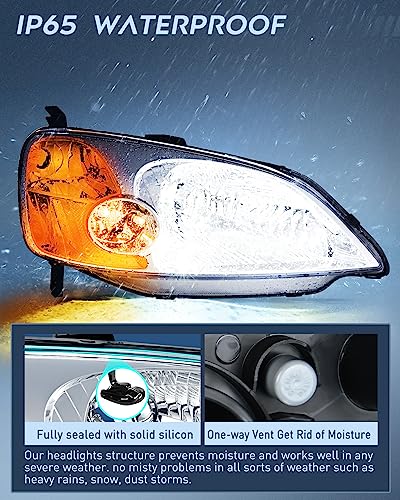 Nilight Headlight Assembly Compatible with 2001 2002 2003 Honda Civic Headlamps Replacement Chrome Housing Amber Reflector Upgraded Clear Lens Driver and Passenger Side - Image 4