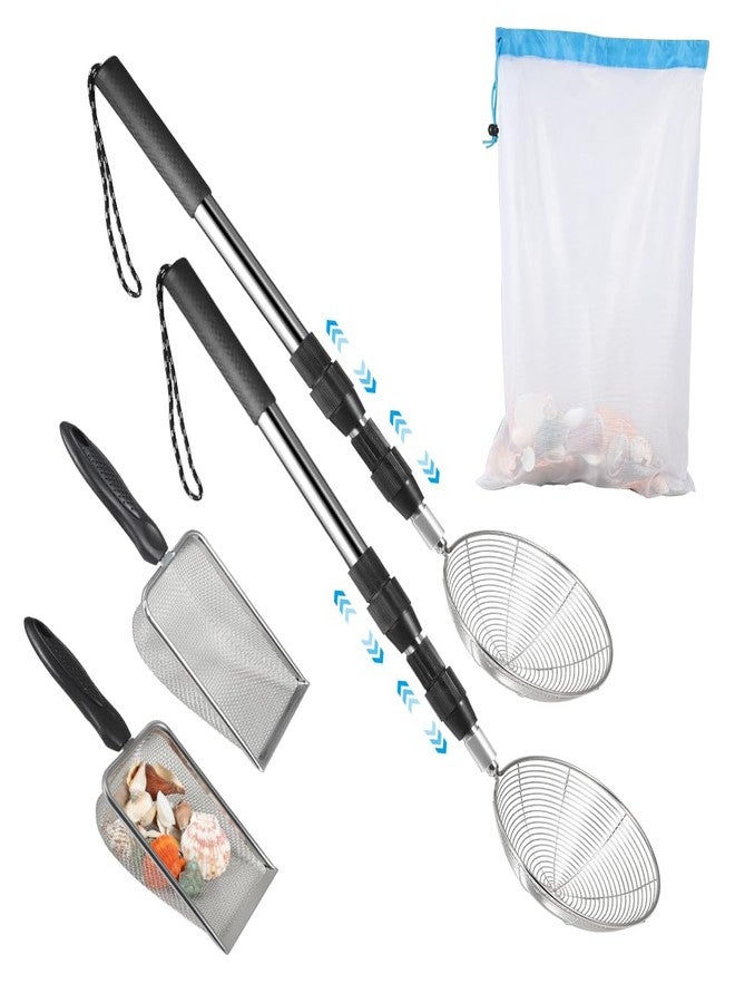 PAMISO Beach Sand Sifter, 2 Beach Sifting Sand Telescoping Pole Sets with Scoops, Baskets, Mesh Bag, for Picking Up Shells Shovels Shark Teeth - Image 1