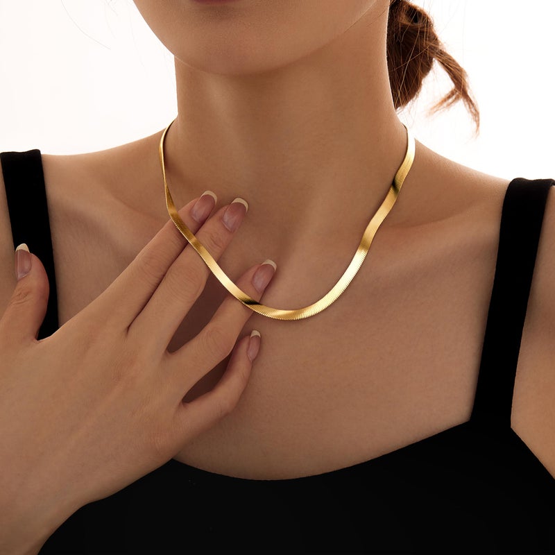WomenGifts Chunky Gold Stack Herringbone Necklace for Women â€“ 14K Gold Plated Dainty Snake Chain Choker, Trendy Simple Long Layered Jewelry Non Tarnish, 14, 16, 18 Inch Thin & Chunky Options, Gift for Her - Image 2