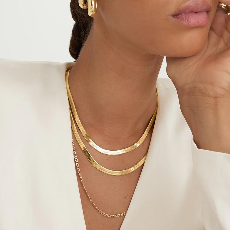 WomenGifts Chunky Gold Stack Herringbone Necklace for Women â€“ 14K Gold Plated Dainty Snake Chain Choker, Trendy Simple Long Layered Jewelry Non Tarnish, 14, 16, 18 Inch Thin & Chunky Options, Gift for Her - Image 5