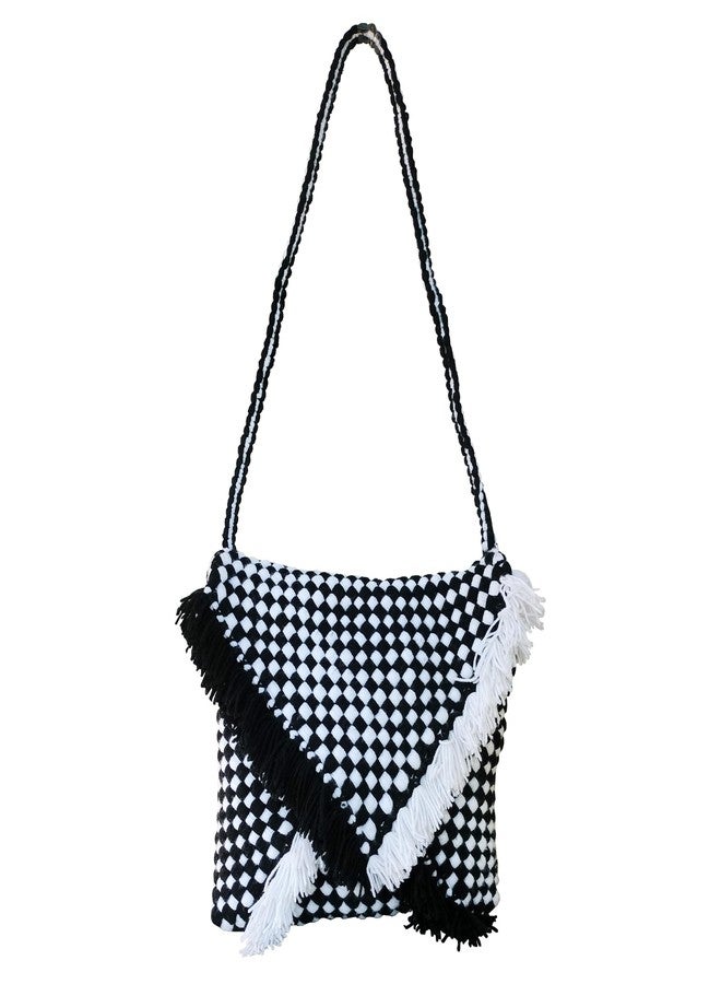 CRM TRADERS Handcrafts Eco-Friendly Multipurpose Uses Woolen Hand Bag With Zip and Handle for Men and Women - Black and White - Image 1