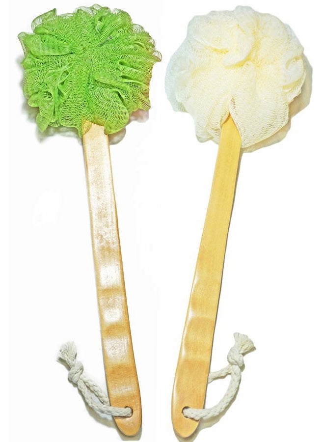 JINS-Hung Shower Loofah Body & Back Scrubber - Exfoliating Loofah Bath Brush On a Stick - With Long Wooden Handle Back Brush For Men & Women - Easy Reach Body Wash & Lotion Applicator（ 2 PACK- White&Green） - Image 1
