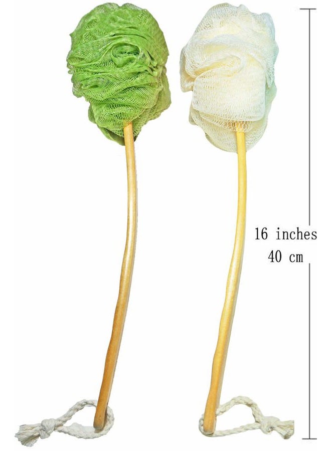 JINS-Hung Shower Loofah Body & Back Scrubber - Exfoliating Loofah Bath Brush On a Stick - With Long Wooden Handle Back Brush For Men & Women - Easy Reach Body Wash & Lotion Applicator（ 2 PACK- White&Green） - Image 3
