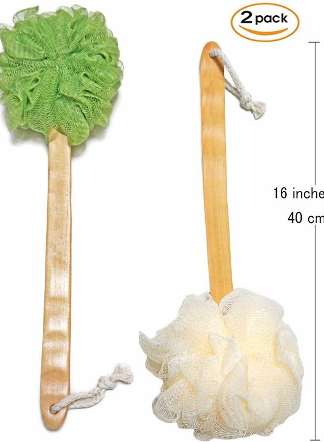JINS-Hung Shower Loofah Body & Back Scrubber - Exfoliating Loofah Bath Brush On a Stick - With Long Wooden Handle Back Brush For Men & Women - Easy Reach Body Wash & Lotion Applicator（ 2 PACK- White&Green） - Image 2