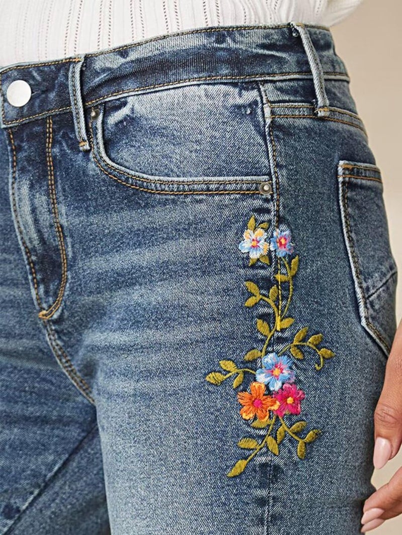 Flamingals Women's Floral Embroidery Mid Waist High Stretch Bootcut Jeans with Pockets Sky Mid Blue L - Image 3