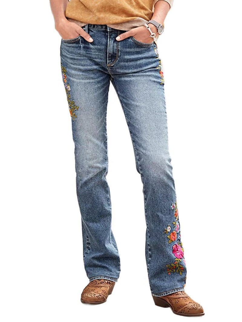 Flamingals Women's Floral Embroidery Mid Waist High Stretch Bootcut Jeans with Pockets Sky Mid Blue L - Image 2