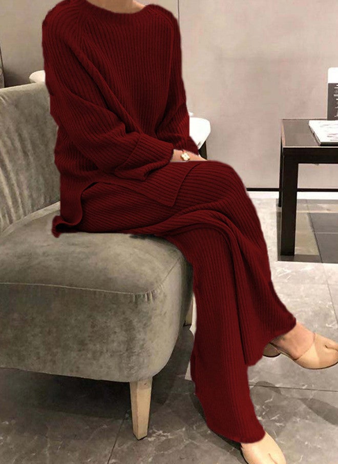 YUNIQEE طقم بلوزة وسروال مخطط باللون الماروني للنساء - Image 1