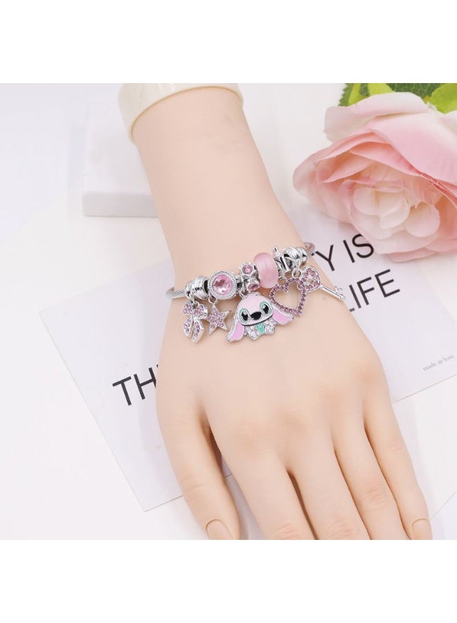 JAYATO Pink Stitch Bracelet with Cute Cartoon Stitch Adjustable Metal Handwoven Bracelet Jewelry, Birthday Gift for Girls - Image 2