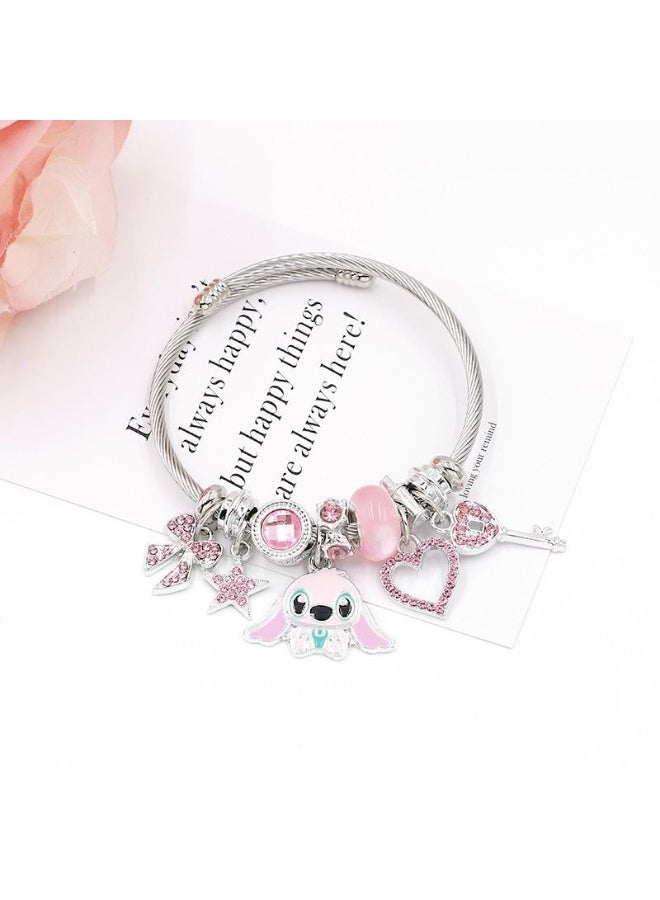 JAYATO Pink Stitch Bracelet with Cute Cartoon Stitch Adjustable Metal Handwoven Bracelet Jewelry, Birthday Gift for Girls - Image 3
