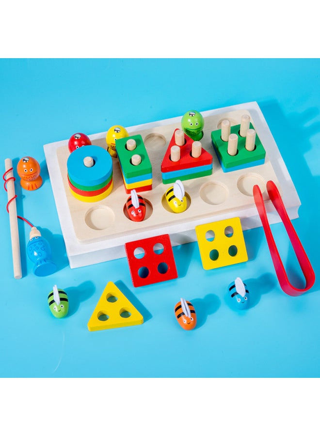 Baby Early Childhood Education Multi-functional Shape Matching Building Block Set Column Magnetic Fishing Pulling Radish Patch Insect Patch Parent-Child Wooden Toy-Color:QSH-four Sets Of Column Fishing (blue)  - Image 4
