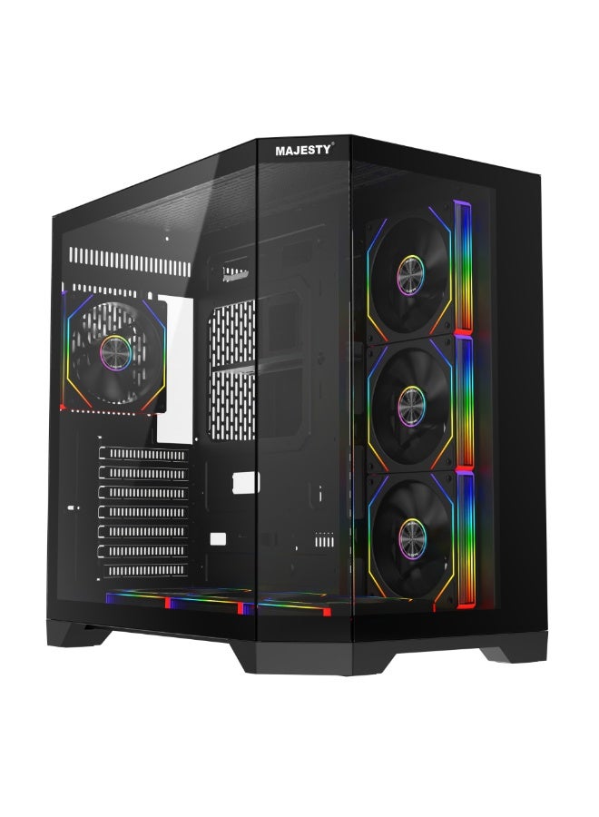 ماجيستي صندوق كمبيوتر للالعاب ماجيستي ميد تاور ميدمافيرا مزود بـ 7 مراوح ARGB اينفنتي 120 ملم مثبتة مسبقاً لتدفق هواء فعال مع ريموت , زجاج مقسى , متوافق مع لوحة الام الواسعة ATX , منفذ 1x TYPE-C و 2x USB 3.0 - Image 1