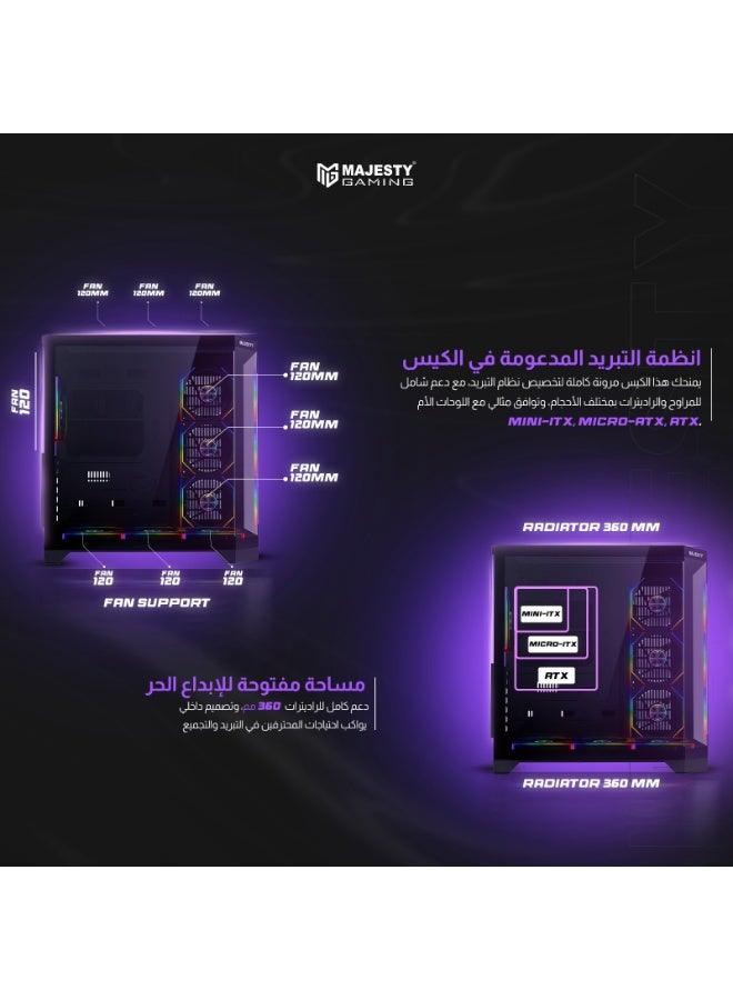 ماجيستي صندوق كمبيوتر للالعاب ماجيستي ميد تاور ميدمافيرا مزود بـ 7 مراوح ARGB اينفنتي 120 ملم مثبتة مسبقاً لتدفق هواء فعال مع ريموت , زجاج مقسى , متوافق مع لوحة الام الواسعة ATX , منفذ 1x TYPE-C و 2x USB 3.0 - Image 4