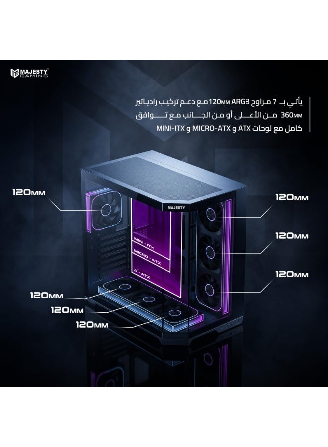 ماجيستي صندوق كمبيوتر ماجيستي ميد تاور ميد مافيرا برو | 7 مراوح ARGB إنفينيتي 120 ملم مثبتة مسبقًا | دعم ATX | يدعم مبرد مائي 360mm | منافذ Type-C و2×USB 3.0 | تصميم يدعم التوصيل الخلفي | أسود - Image 3