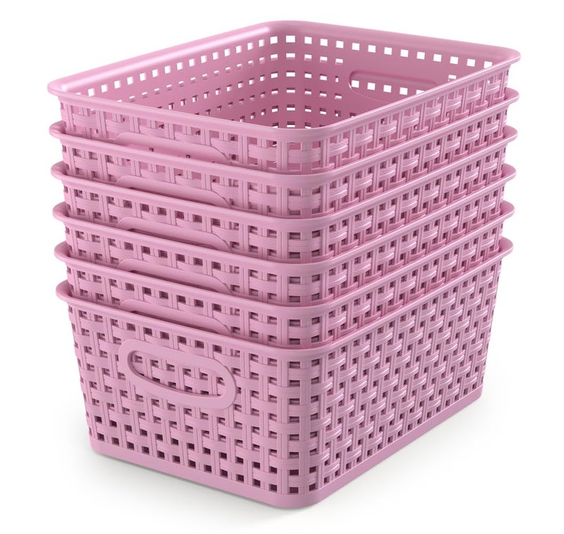 WYT 6-Pack Plastic Small Shelf Storage Weave Baskets Organizing for Cabinets and Pantries, Lavender Purple - Image 1