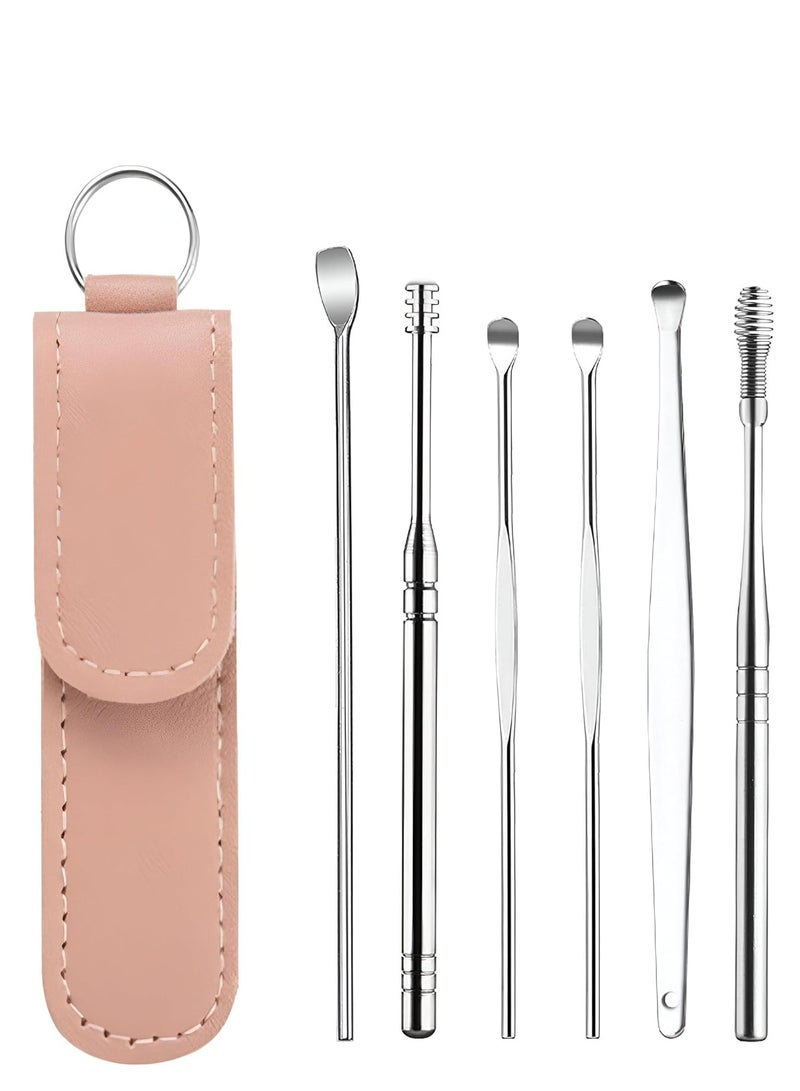 مجموعة أدوات تنظيف الأذن مكونة من 6 قطع بألوان عشوائية مع حقيبة جلدية، مجموعة كاملة عالية الجودة لإزالة شمع الأذن - Image 1