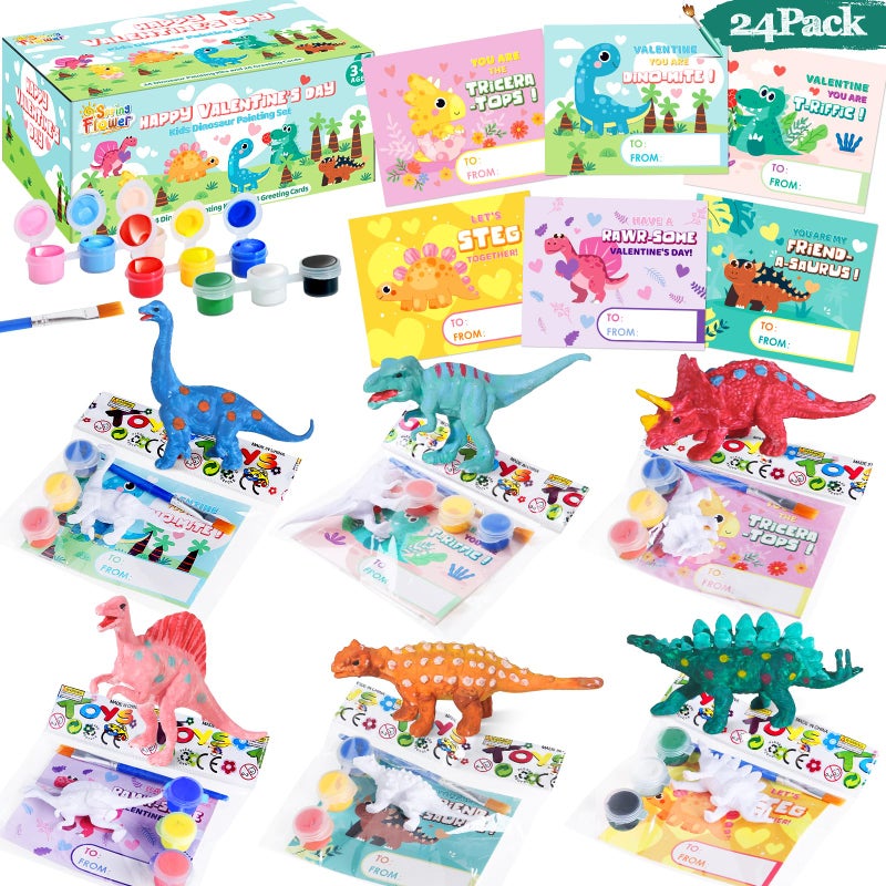spring flower SpringFlower 24 Pack Valentines Day Cards for Kids with Dinosaur Painting Kit for School Classroom Valentines Gift Exchange Valentines Party Favor for Kids Valentines Prizes and Events - Image 3