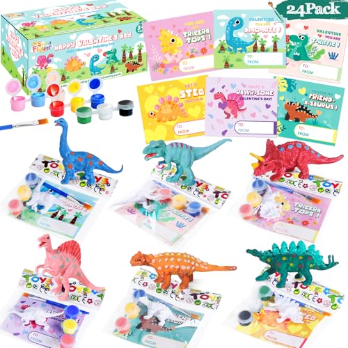 spring flower SpringFlower 24 Pack Valentines Day Cards for Kids with Dinosaur Painting Kit for School Classroom Valentines Gift Exchange Valentines Party Favor for Kids Valentines Prizes and Events - Image 1