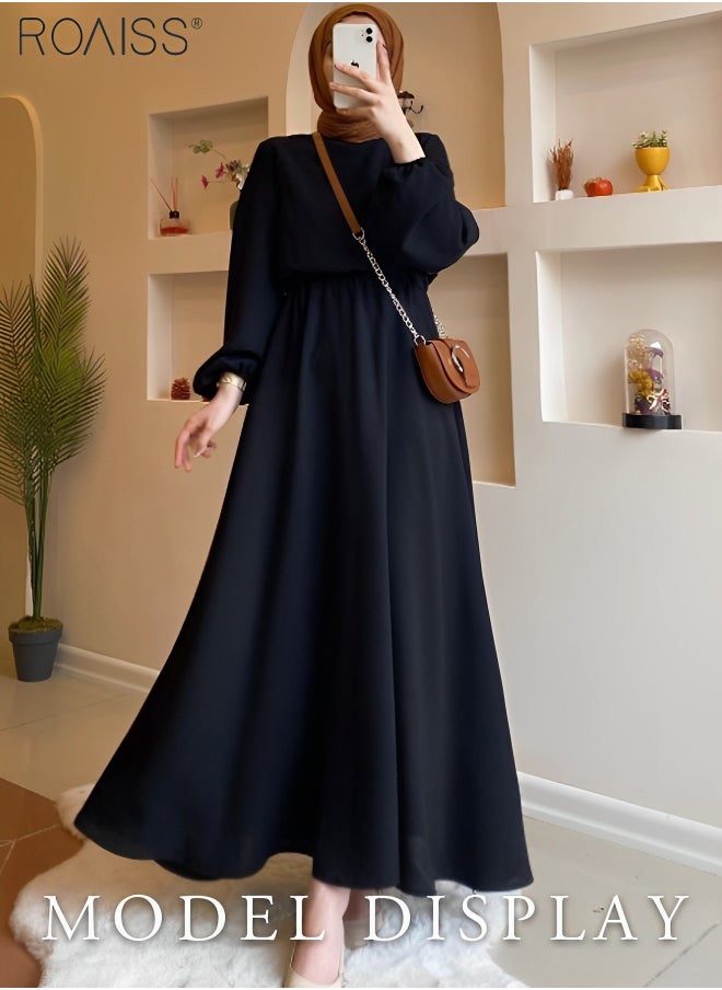 فستان نسائي كاجوال من الشيفون بأكمام طويلة وتصميم خصر مرن وخصر مرتفع وفستان مأدبة يومي بلون سادة وحاشية كبيرة وفستان على شكل حرف A للسيدات أنيق ومزاجه غير رسمي