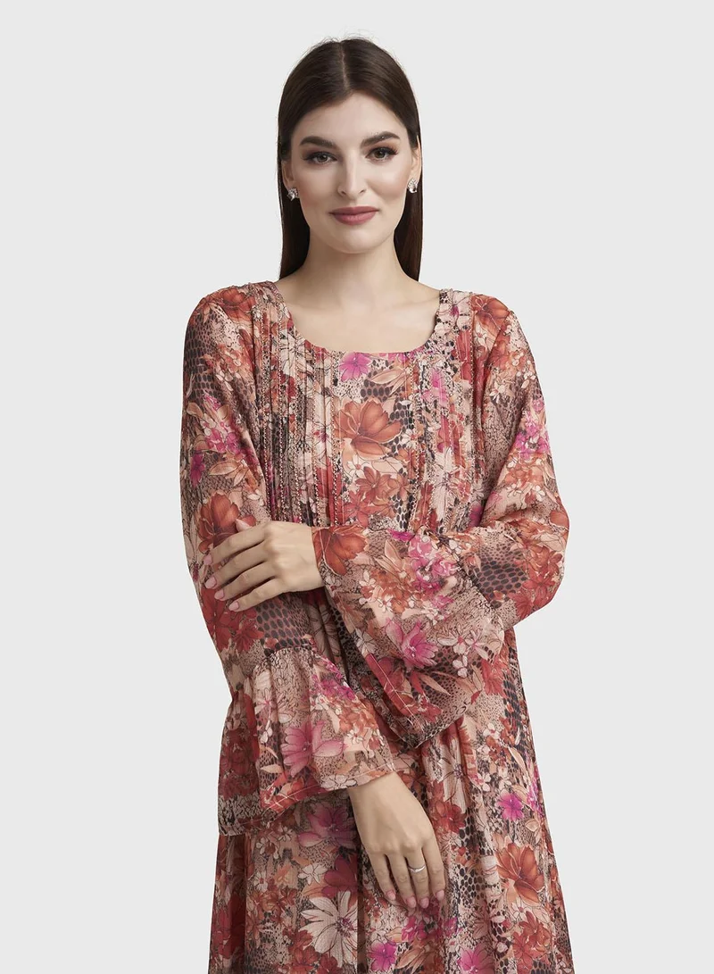 Kashkha Rust Floral Print Chiffon Maxi Dress (VW361)