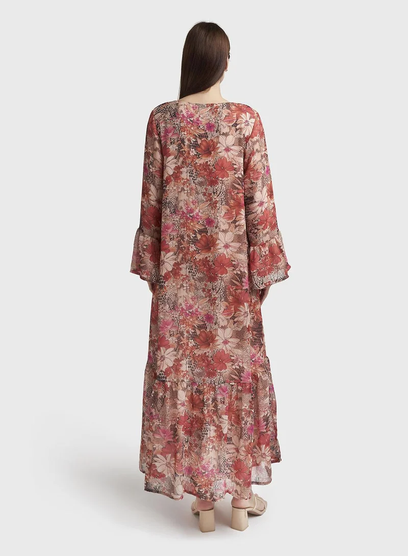 Kashkha  Rust Floral Print Chiffon Maxi Dress (VW361) for Women | Best Price UAE