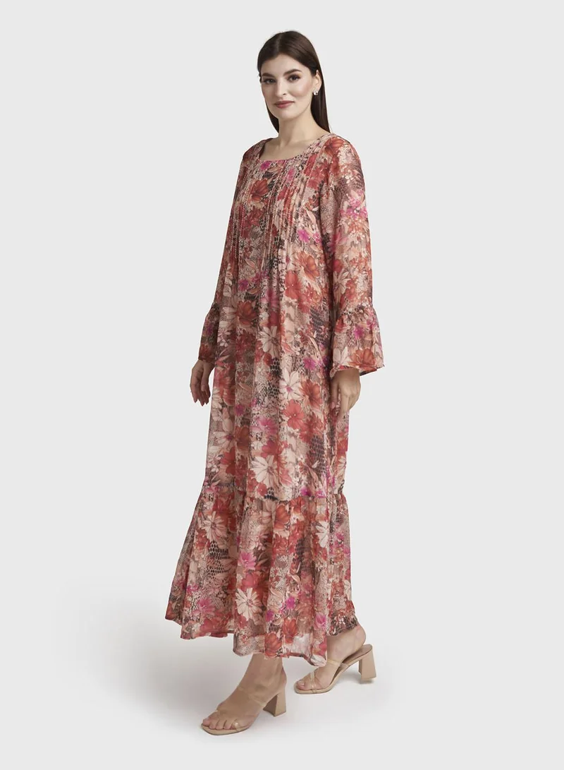 Kashkha  Rust Floral Print Chiffon Maxi Dress (VW361) for Women | Best Price UAE