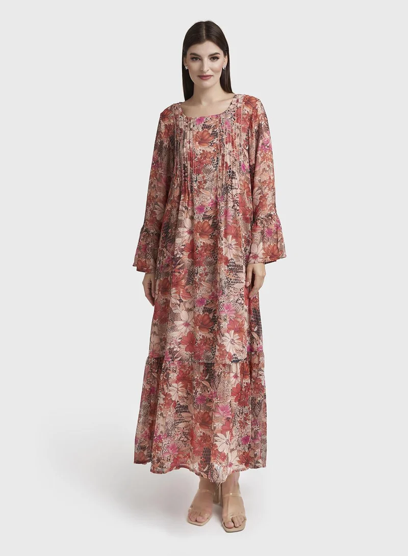 Kashkha Rust Floral Print Chiffon Maxi Dress (VW361)