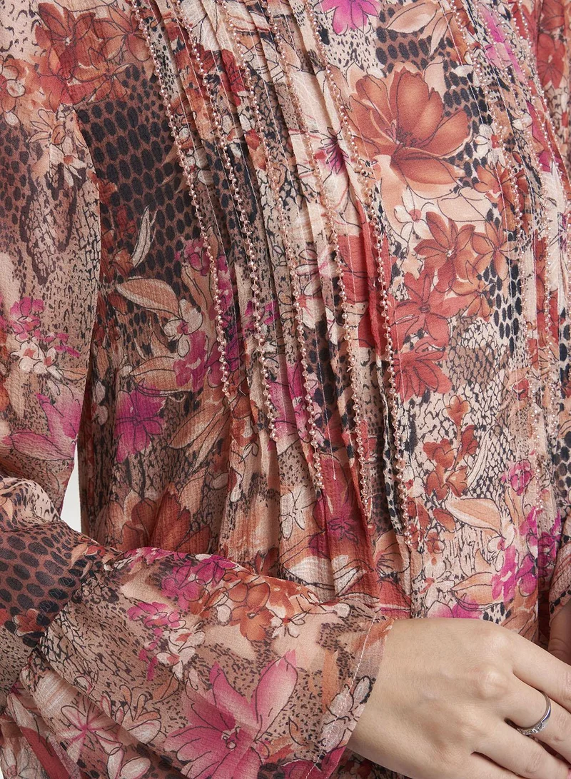 Kashkha  Rust Floral Print Chiffon Maxi Dress (VW361) for Women | Best Price UAE
